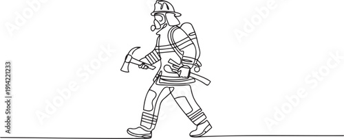 Single continuous line drawing firefighter in full uniform walking while carrying an axe. Glass breaking tools. Helping victims. International Firefighters Day. one line Icon drawing