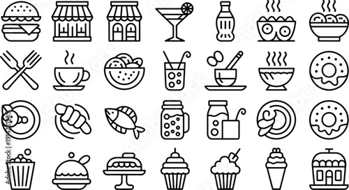 Food icons, beverage symbols, restaurant design, hamburger, pizza slice, donut, cupcake, croissant, fish, popcorn, cake, ice cream cone, cocktail glass