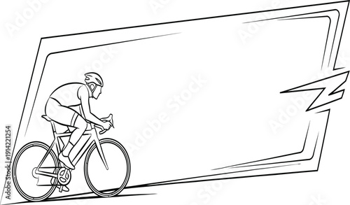 A cyclist riding a bike with a speed motion effect in the background.