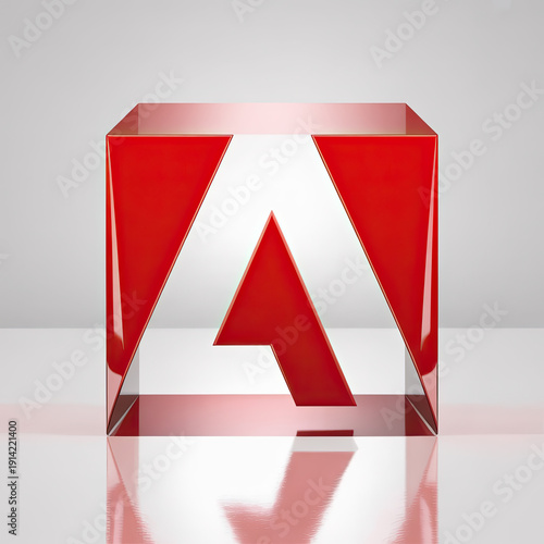 A red and white 3D logo on a reflective surface with a gray background