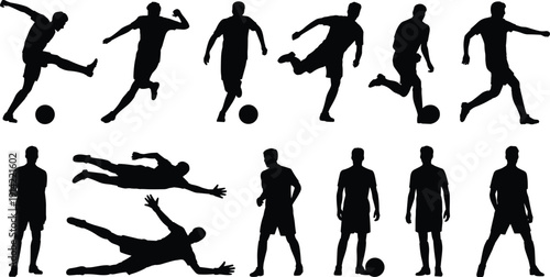 Soccer silhouettes, football players, dynamic action, kicking ball, running athlete, dribbling motion, goalkeeper diving, blocking shot, catching ball, sports illustration