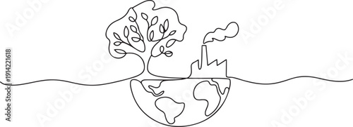 Single line drawing of Earth balancing tree and factory symbolizes environment concept for World Environment Day, highlighting sustainability, climate action. one line Icon drawing