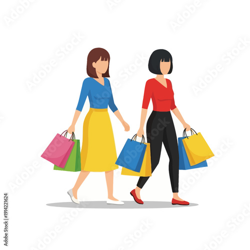 Two women with shopping bags, flat illustration, shopping concept