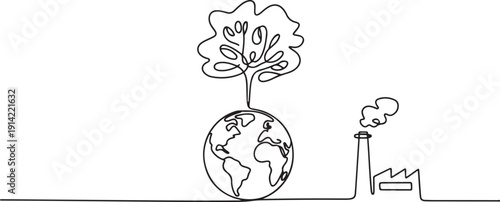 Single line drawing of Earth balancing tree and factory symbolizes environment concept for World Environment Day, highlighting sustainability, climate action. one line Icon drawing