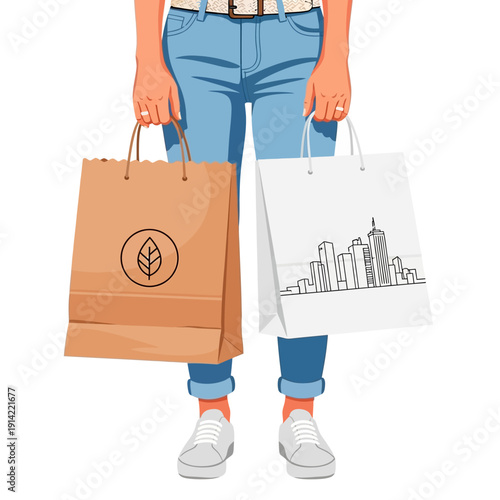 Person holding shopping bags, one with leaf logo, one with city skyline
