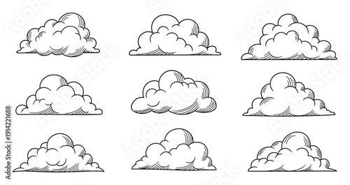 Collection of nine hand-drawn cloud in black and white