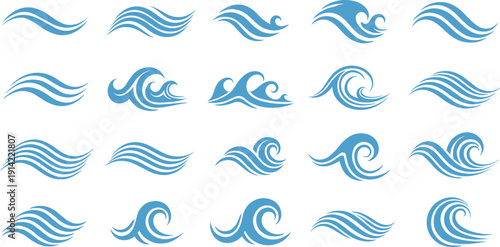 Blue ocean wave icon collection in flat and curved styles, abstract sea water splash vector set for marine, nautical and summer design projects