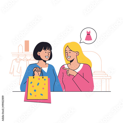 Two women shopping, one holds a colorful bag, thinking of a dress