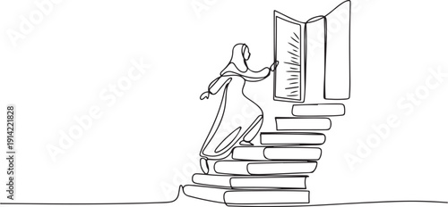 Single continuous line drawing Arab woman climb stairs from the book stack. Towards the wide open door. Metaphor of finding the answers from books. Book festival. one line Icon drawing