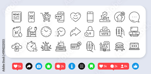 Tv stand, Support and File storage line icons pack. Social media: share, comment, like icons. 5g upload, Fuel price, Food delivery web icon. Cross sell, Smile chat, Fake news pictogram. Vector