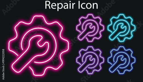 Neon Sync process and workflow icon set. Productivity, setting, synchronization, gear wheel with arrow symbol on white background - stock vector.Sync process and workflow icon set. 