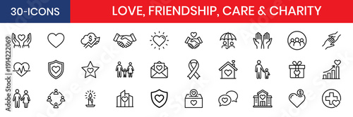 Love Friendship Care And Charity Thin Line Icon Set Heart Handshake