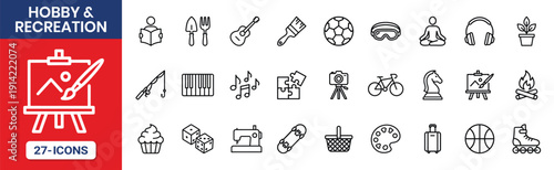 Hobby And Recreation Thin Line Icon Set Paint Guitar Camera