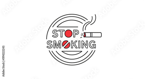 Stop smoking campaign logo with red circle and line through cigarette symbol on white background