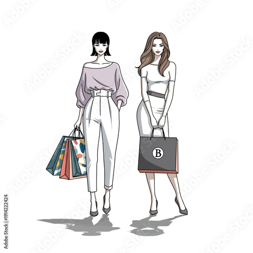 Fashionable Women Shopping Bags, Stylish Outfit Illustrations, Retail Therapy