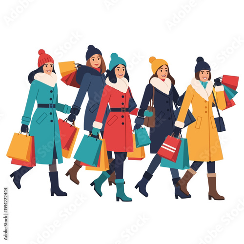 Women Shopping, Winter Coats, Holding Colorful Bags, Fashionable Outfits