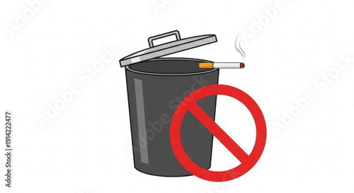 No smoking trash can with red prohibition sign and cigarette