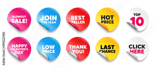 Blowout sale sticker tag. Top 10, Best seller, Hot price banners. Blowout sale tag. Special offer price sign. Advertising discounts symbol. Join our team sticker. Vector