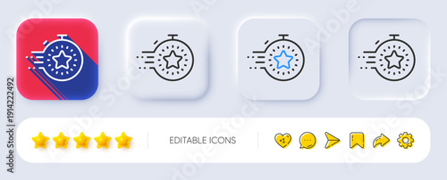 Timer line icon. Neumorphic, Flat shadow, 3d buttons. Time management sign. Stopwatch with star symbol. Line timer icon. Social media icons. Vector