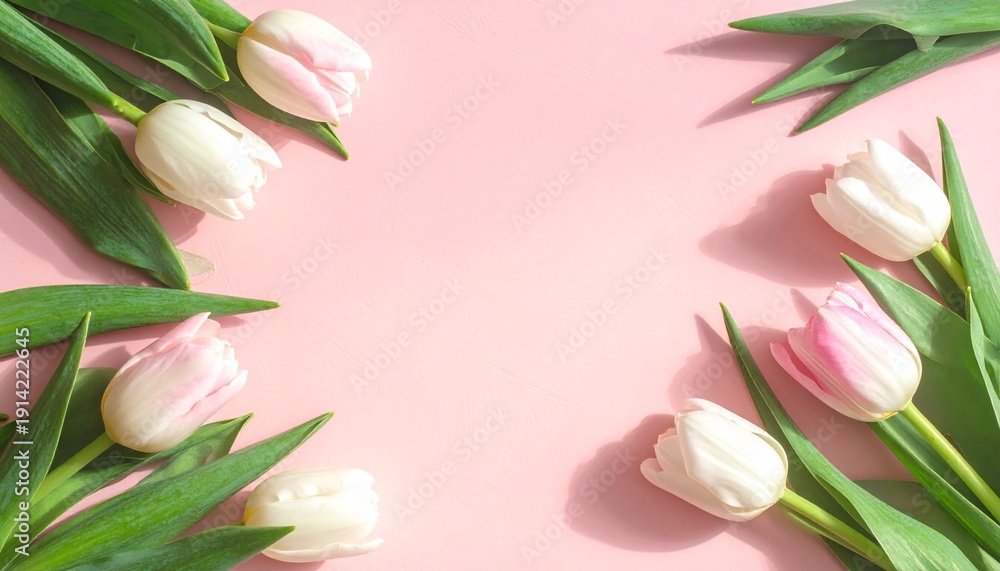 Fototapeta premium Pink tulips bouquet on pastel background soft spring floral arrangement minimalist