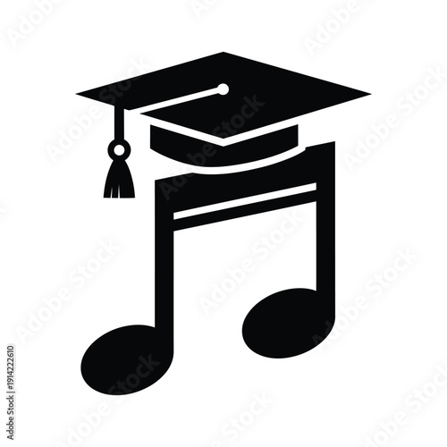 Black Silhouette Icon of a Graduation Cap Integrated with a Musical Note, Symbolizing Music Education, Academic Achievement in Arts, and Conservatory Degree Programs.