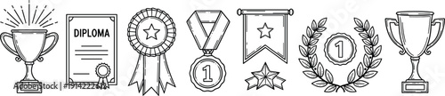 Award and achievement icon set with trophy diploma medal ribbon badge and laurel wreath outline vector collection