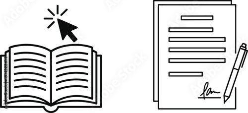 Online learning and document signing icon set with open book cursor and contract paper outline vector illustration