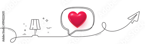 Table lamp line icon. Continuous line with share plane. Bedside light sign. Interior illuminate symbol. 3d heart in speech bubble. Table lamp single line ribbon. Loop curve pattern. Vector