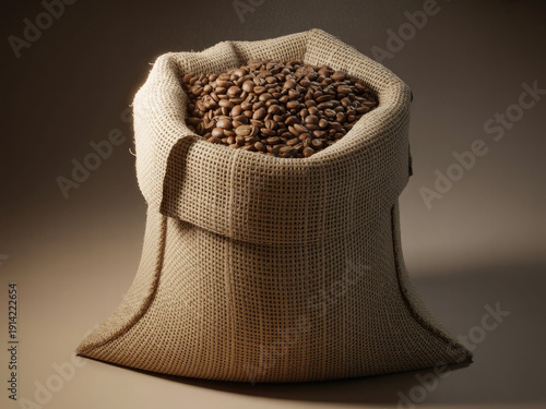 A burlap sack filled with coffee beans on a neutral background