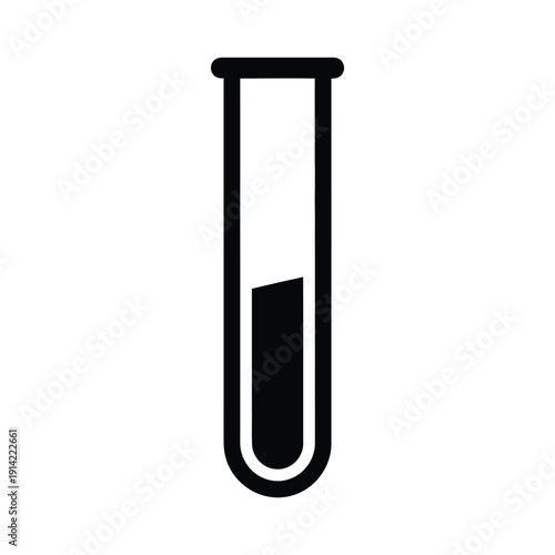 Minimalist black test tube icon representing scientific research and chemical analysis in a laboratory setting, featuring a clean flat design for medical, educational, and biotech branding.