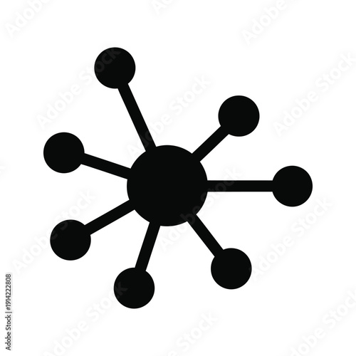 Minimalist black network icon representing a central hub with multiple connection points illustrating data distribution and social connectivity on a clean white background for design.