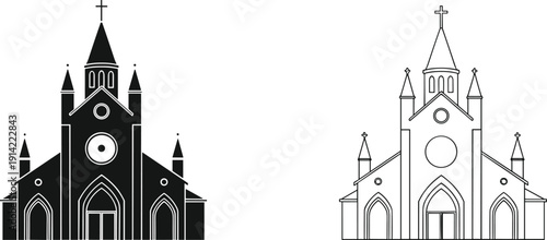 Christian church building icon in solid and outline style, traditional cathedral with cross and gothic architecture vector illustration isolated on light background