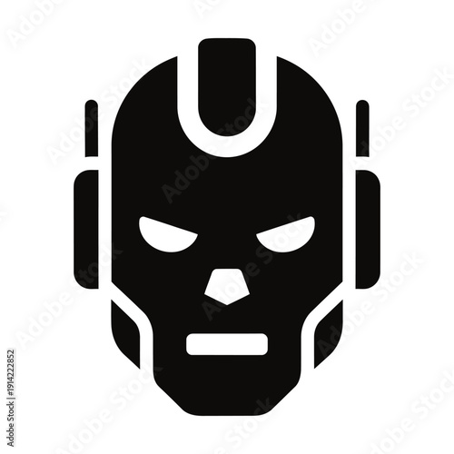 Futuristic robot head icon and cyborg face silhouette representing artificial intelligence and advanced technology for modern tech branding, gaming logos, and minimalist UI design.