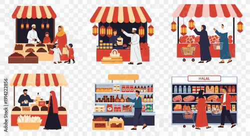 People shopping at market stalls and a grocery store.