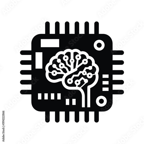 Artificial Intelligence CPU Microchip Icon with Human Brain Circuitry Representing Machine Learning, Neural Networks, and Cognitive Computing in a Minimalist Black and White Vector Graphic.