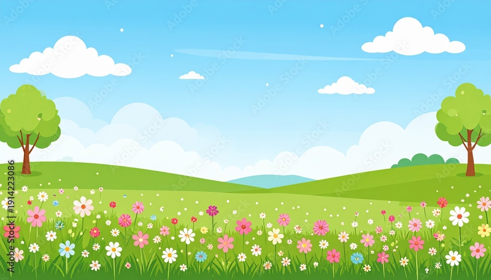 Fototapeta premium Vibrant wildflower meadow with green trees under sunny blue sky summer landscape