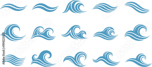 Collection of blue ocean wave icons in flat and curved styles, abstract sea water splash vector set for marine, nautical and summer design projects