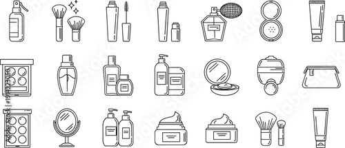 Cosmetics and beauty products icon set featuring makeup brushes, perfume bottles, skincare cream, lotion, mirror and toiletry essentials outline vector collection.