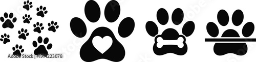 Dog paw print icon set featuring pet footprint silhouettes, heart and bone symbols, animal track marks and veterinary logo vector collection.
