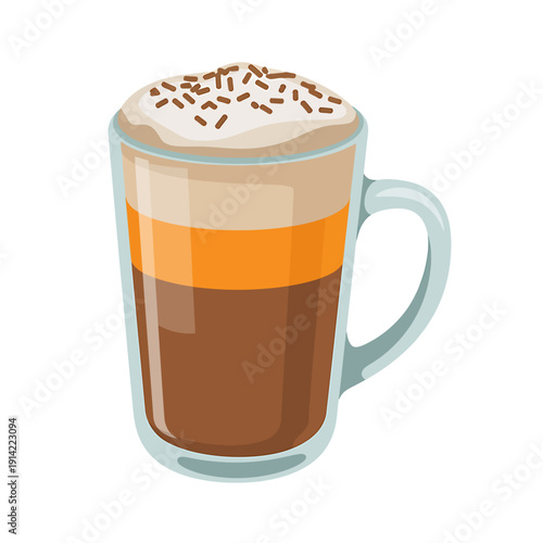 Cartoon illustration of a layered coffee drink in a glass mug with foam topping