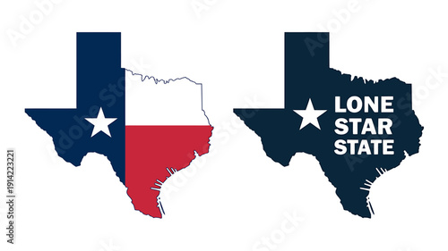 Texas state map with flag and Lone Star State text on white background