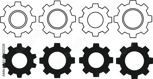Gear and cogwheel icon set in outline and solid style, mechanical engineering symbols for settings, automation, industry, machinery, technical process and system configuration concepts.