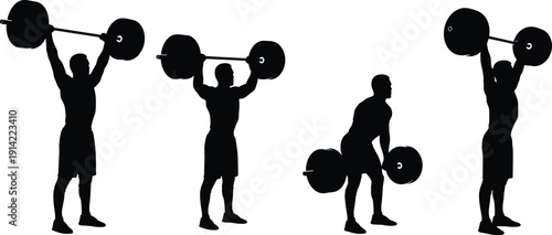 Set of black and white vector silhouette icons featuring a strong man performing weightlifting, deadlifts, and overhead presses with heavy barbells for gym fitness.