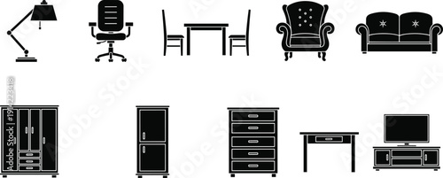 Home and office furniture silhouette icon set with chair, table, sofa, wardrobe, cabinet and desk in black solid vector style isolated on light background