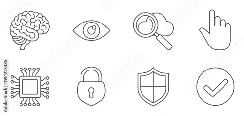 Collection of Technology and Security Brain, Eye, Search, Hand, Chip, Lock, Shield, Checkmark