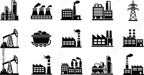 Industrial factory and power plant icon set with oil pump, refinery, smokestack and energy infrastructure silhouettes in black vector style isolated on light background