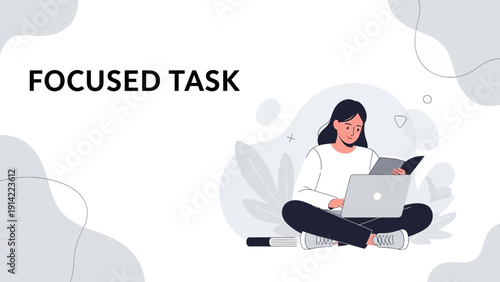 Woman Focused on Laptop and Book, Studying, Working, or Reading with Plants