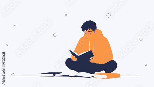 Young man reading book, studying, learning, knowledge, education, open book, casual style