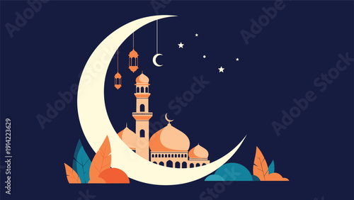 Islamic mosque with large domes and minarets sits beneath a glowing crescent moon and stars in a beautiful midnight blue night sky.