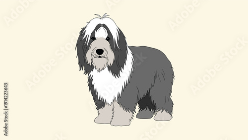 Old English Sheepdog illustration features a fluffy grey and white canine standing calmly against a soft pale cream colored background.